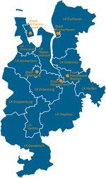 Karte mit Landkreisen und kreisfreien Städten der Metropolregion Nordwest. Grafik: Metropolregion Nordwest
