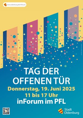 Buntes Plakat Tag der offenen Tür in Forum am 19. Juni 2025. Grafik: Gerlinde Domininghaus