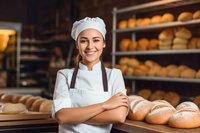 Junge Bäckerin in der traditionellen weißen Backkleidung mit Mütze steht vor einem Regal und Ablagen mit frischgebackenem Brot. Foto: stafftastic