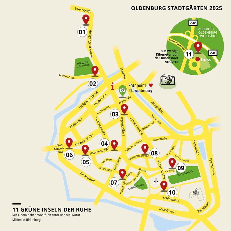 Eine Übersichtskarte zeigt die Standorte der Gärten: 91er Straße, Büsingstift, Lefferseck, Brunseck, Haarenstraße, Julius-Mosen-Platz, Nikolaiviertel, Baumgartenstraße, Häusing, Markt 15, Möbel buss. Grafik: OTM