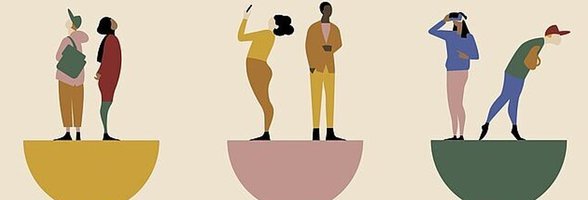 Grafik mit unterschiedlichen Menschen auf bunten Halbkugeln stehend. Grafik: Internationaler Museumstag