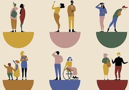 Grafik mit unterschiedlichen Menschen auf bunten Halbkugeln stehend. Grafik: Internationaler Museumstag
