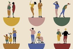 Grafik mit unterschiedlichen Menschen auf bunten Halbkugeln stehend. Grafik: Deutscher Museumsbund