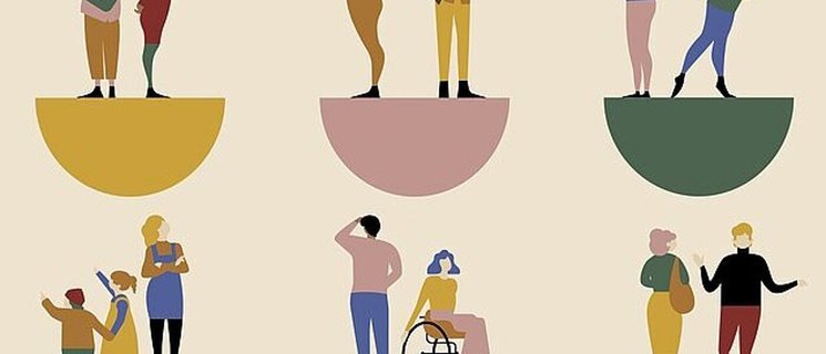 Grafik mit unterschiedlichen Menschen auf bunten Halbkugeln stehend. Grafik: Internationaler Museumstag