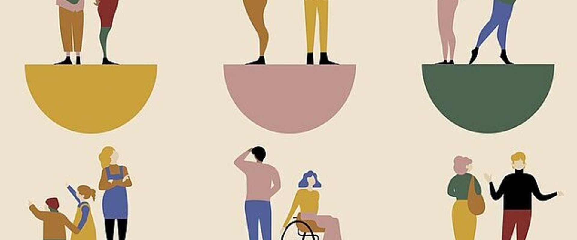 Grafik mit unterschiedlichen Menschen auf bunten Halbkugeln stehend. Grafik: Deutscher Museumsbund e.V.