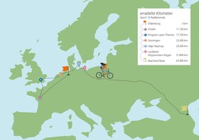 Europa-Karte mit der Strecke und den Entfernungen zwischen den Partnerkommunen. Foto: OTM/Verena Brandt