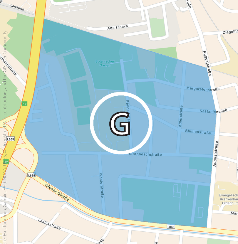 Bild der Bewohnerparkzone G. Foto: Esri, TomTom, Garmin, FAO, NOAA, USGS, © OpenStreetMap contributors, and the GIS User Community
