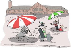 Menschen mit großen Sonnenschirmen vor dem Bahnhof. Illustration: Hannes Mercker
