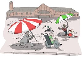 Menschen mit großen Sonnenschirmen vor dem Bahnhof. Illustration: Hannes Mercker