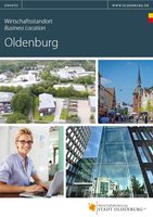 Cover of the brochure "Business Location Oldenburg" with pictures of economic areas and buildings. Quelle: Kommunikation und Wirtschaft (KuW)