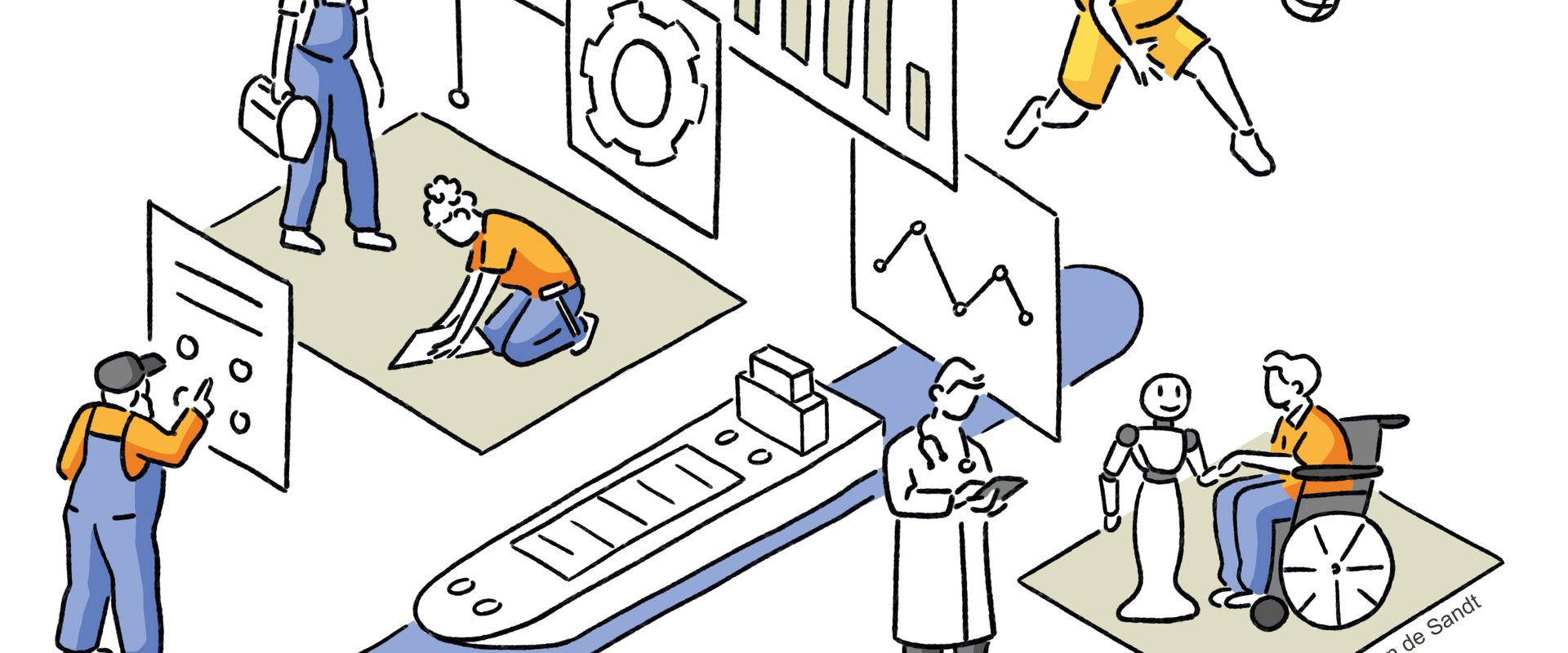 Illustration zum Thema Zukunftsfähige Wirtschaft mit unterschiedlichen Bildelementen. Illustration: Jennifer van de Sandt 