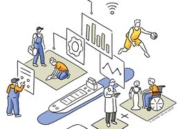 Illustration zum Thema Zukunftsfähige Wirtschaft mit unterschiedlichen Bildelementen. Illustration: Jennifer van de Sandt 