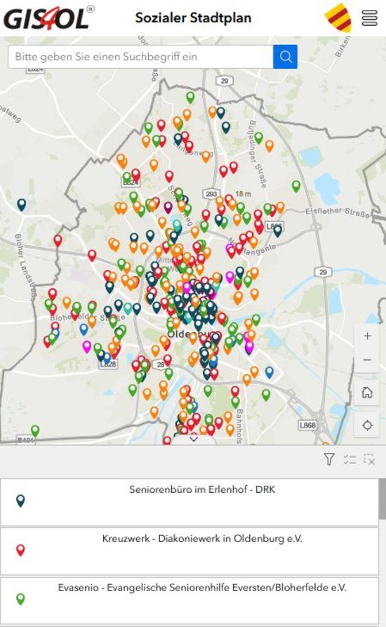 Auch unterwegs jederzeit abrufbar: Die mobile Ansicht des Sozialen Stadtplans der Stadt Oldenburg. Foto: Stadt Oldenburg