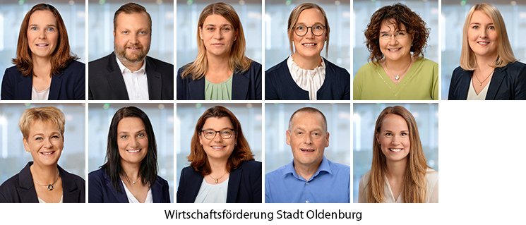 Die Mitarbeiterinnen und Mitarbeiter des Fachdienstes Liegenschaften bei der Wirtschaftsförderung Stadt Oldenburg. Fotos: Foto- und Bilderwerk/Collage: Stadt Oldenburg