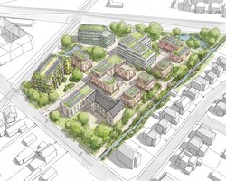 Das Bild zeigt eine perspektivische Ansicht des geplanten Quartiers. Die Gebäude können in Realität anders aussehen. Skizze: Lintas GmbH Das Bild zeigt eine perspektivische Ansicht des geplanten Quartiers. Die Gebäude können in Realität anders aussehen. Skizze: Lintas GmbH