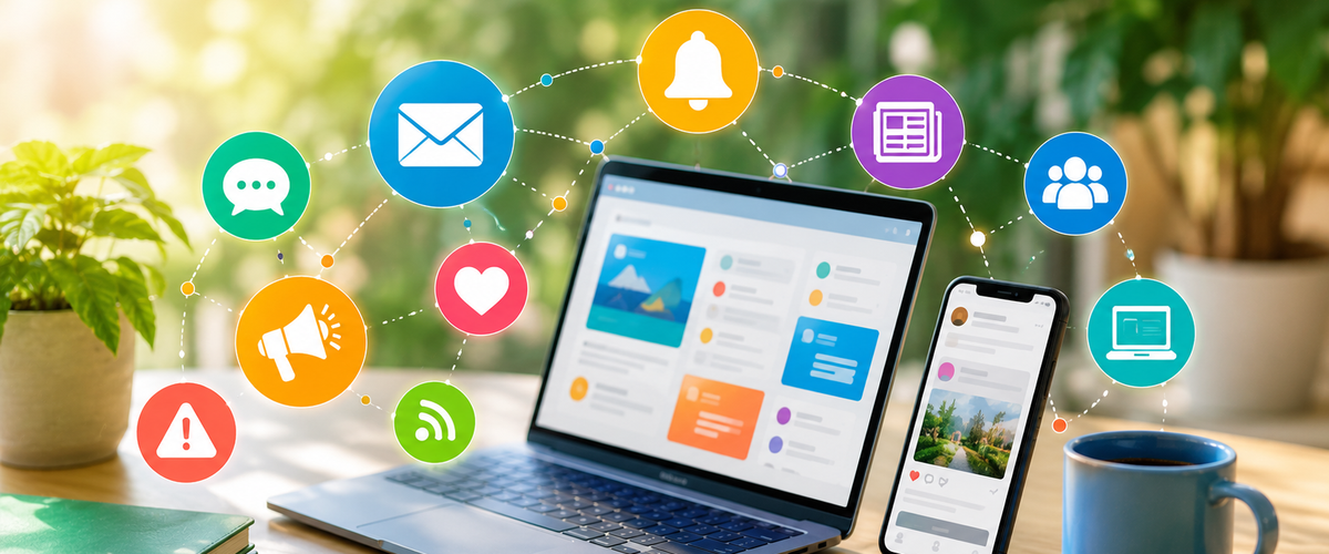 Laptop und Smartphone mit bunten Symbolen für Nachrichten, Social Media, Newsletter und digitale Informationen auf einem Schreibtisch. Bild: KI-generiert durch die Stadt Oldenburg