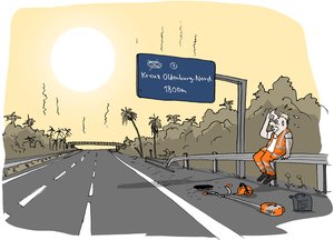 Erschöpfter Straßenarbeiter bei Hitze auf der Leitplanke der leeren Autobahn kurz vorm Kreuz Oldenburg-Nord. Illustration: Hannes Mercker 