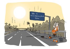 Erschöpfter Straßenarbeiter bei Hitze auf der Leitplanke der leeren Autobahn kurz vorm Kreuz Oldenburg-Nord. Illustration: Hannes Mercker 