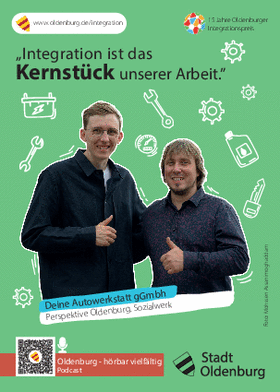 Postkarte zum Projekt „Deine Autowerkstatt“. Zwei Personen zeigen einen erhobenen Daumen. Foto: Stadt Oldenburg