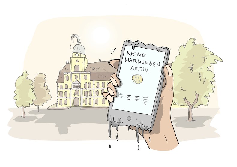 Hand hält vor dem Schloss ein Handy, das in der Hitze zu zerfließen scheint. Das Display zeigt an: „Keine Warnungen aktiv“. Illustration: Hannes Mercker