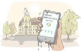 Hand hält vor dem Schloss ein Handy, das in der Hitze zu zerfließen scheint. Das Display zeigt an: „Keine Warnungen aktiv“. Illustration: Hannes Mercker