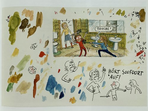 Anke Kuhl: Manno! Alles genau so in echt passiert, Originalzeichnungen, 2019, Tusche, Buntstift, Aquarellfarben auf Papier © Anke Kuhl