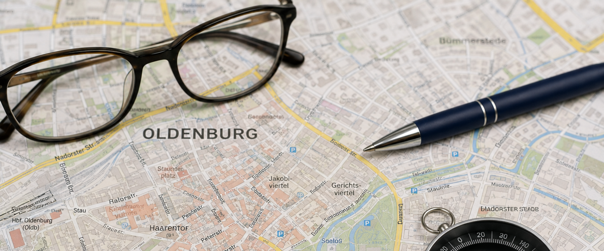 Oldenburg Landkarte mit Brille und Kompass. Foto: KI-generiert durch die Stadt Oldenburg