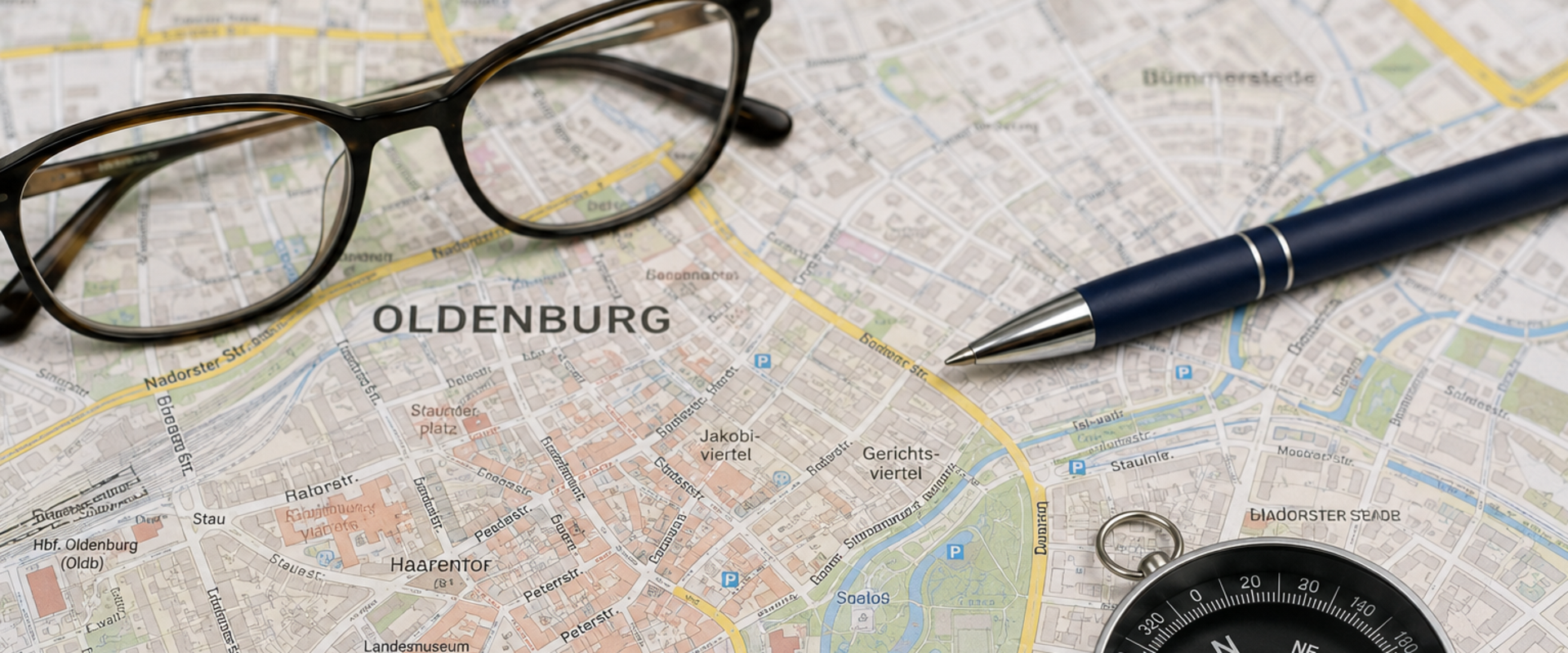 Oldenburg Landkarte mit Brille und Kompass. Foto: KI-generiert durch die Stadt Oldenburg