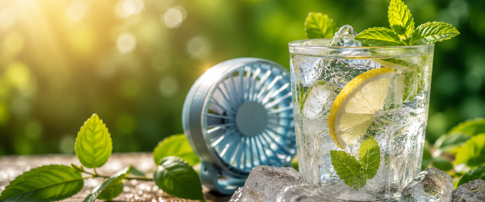 Ein Glas Wasser mit Eiswürfel und ein Ventilator. Bild: KI-generiert durch die Stadt Oldenburg