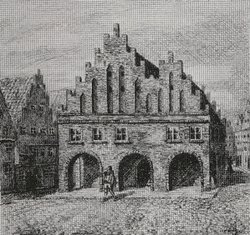 Ansicht des Oldenburger Rathauses von der Marktseite im Jahre 1598. Federzeichnung von J. Gölzer nach dem Kupferstich von Pieter Bast, um 1900. Quelle: Stadtmuseum