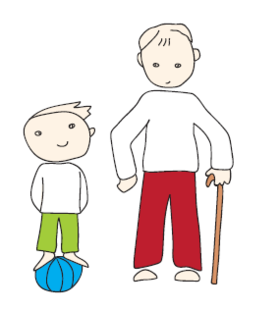 Kleines Kind auf Ball neben älterem Mann Zu sehen ist kleiner Junge auf einem Ball stehend und neben einem älteren Mann. Stadt Oldenburg