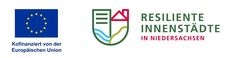 Logo des Förderprogramms Resiliente Innenstädte in Niedersachsen, operationelles Multifondsprogramm EFRE/ESF+, kofinanziert durch die EU. Quelle: EU