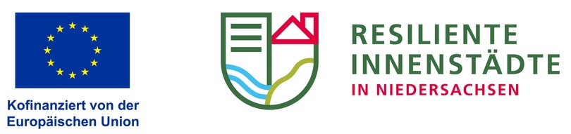 Logo des Förderprogramms Resiliente Innenstädte in Niedersachsen, operationelles Multifondsprogramm EFRE/ESF+, kofinanziert durch die EU. Quelle: EU