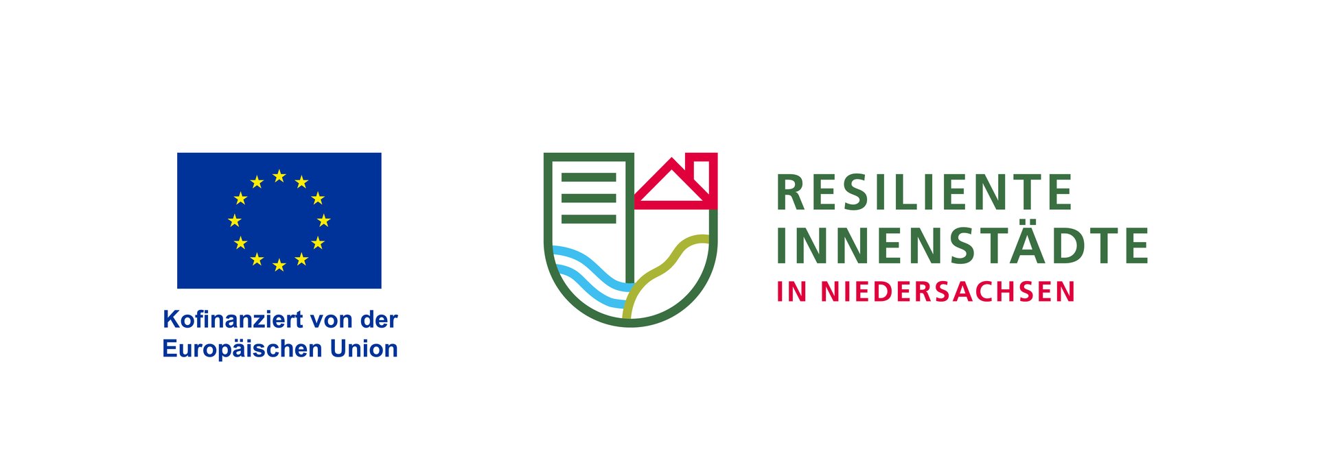 Logo des Förderprogramms Resiliente Innenstädte in Niedersachsen, operationelles Multifondsprogramm EFRE/ESF+, kofinanziert durch die EU. Quelle: EU