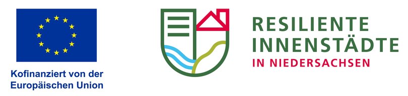 Logo des Förderprogramms Resiliente Innenstädte in Niedersachsen, operationelles Multifondsprogramm EFRE/ESF+, kofinanziert durch die EU. Quelle: EU