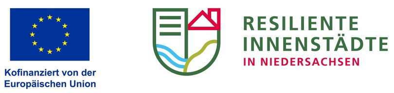 Logo des Förderprogramms Resiliente Innenstädte in Niedersachsen, operationelles Multifondsprogramm EFRE/ESF+, kofinanziert durch die EU. Quelle: EU