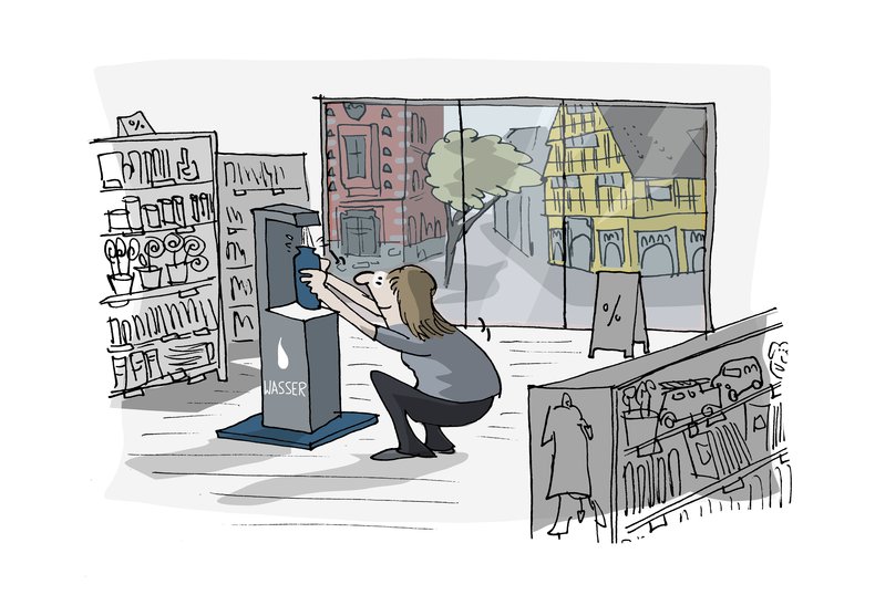 Frau benutzt in einem Geschäft am Rathaus den Wasserspender. Illustration: Hannes Mercker