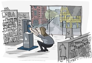 Frau benutzt in einem Geschäft am Rathaus den Wasserspender. Illustration: Hannes Mercker