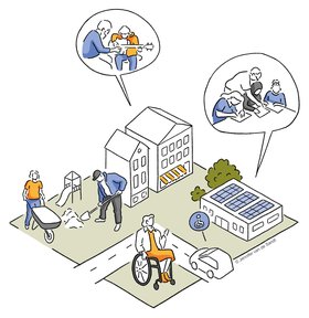 Illustration zum Thema Gelebte Wir-Kultur mit unterschiedlichen Bildelementen. Illustration: Jennifer van de Sandt