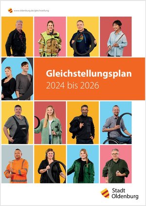 Cover des Gleichstellungsplans 2023 bis 2026 mit Portraits von Beschäftigten. Grafik: Stadt Oldenburg