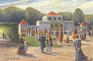 Der nach Plänenvon Peter Behrens errichtete Ausstellungspavillon auf der Landesausstellung, Ansichtskarte nach Gemälde von J.G. Siehl-Freystett, 1905. Bild: J.G. Siehl-Freystett Der nach Plänenvon Peter Behrens errichtete Ausstellungspavillon auf der Landesausstellung, Ansichtskarte nach Gemälde von J.G. Siehl-Freystett, 1905. Bild: J.G. Siehl-Freystett