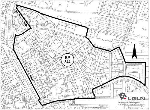 Zum Bebauungsplan 844 für das Bahnhofsviertel, hier der Geltungsbereich, findet am 3. Mai eine Bürgerversammlung statt. Grafik: LGLN Grafik: LGLN