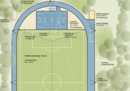 Vorentwurf für die Sanierung der Sportanlage an der Klingenbergstraße. Vorentwurf: PS+ Planung von Sportstätten