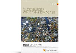 Titelfoto Oldenburger Wirtschaftsmagazin 3.21: Luftaufnahme des Bereichs Bahnhof und Hafen in Oldenburg. Foto: Möwenblick