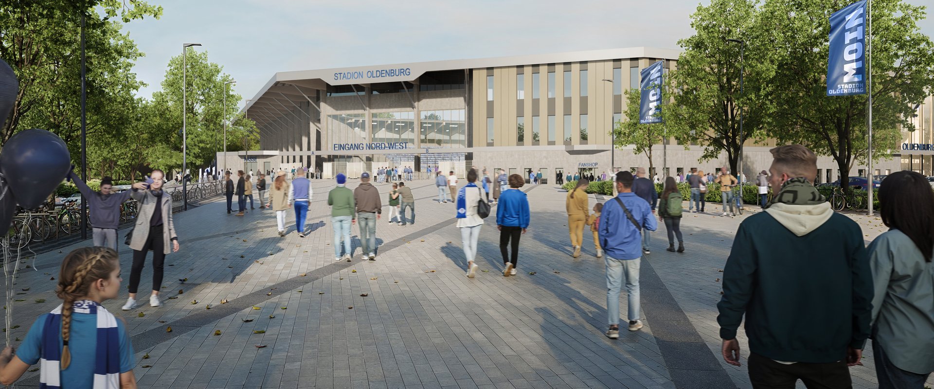 Ein breiter Boulevard führt die Besucherinnen und Besucher von der Maastrichter Straße aus zum Eingang Nord-West. Quelle: Stadion Oldenburg GmbH & Co. KG