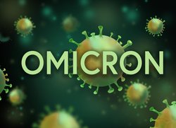 Schriftzug „Omicron“ mit stilisierten Viren im Hintergrund. Grafik: Alexandra Koch/Pixabay