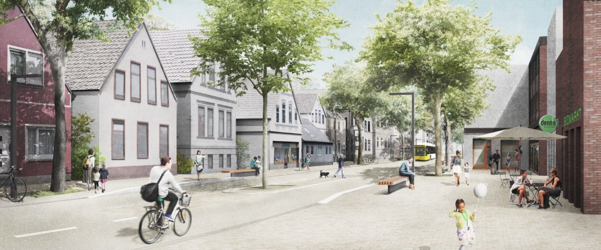 So könnte der zentrale Geschäftsbereich der Unteren Nadorster Straße nach den Vorstellungen von „SHP Ingenieure“ und „nsp landschaftsarchitekten stadtplaner“ aus Hannover realisiert werden. Quelle: SHP Ingenieure/nsp