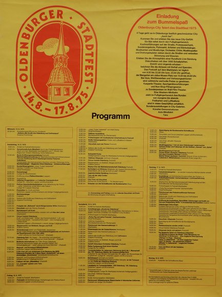 Plakat zum ersten Stadtfest 1975: Ein pralles Programm auf gelbem Hintergrund. Foto: Stadtarchiv Oldenburg
