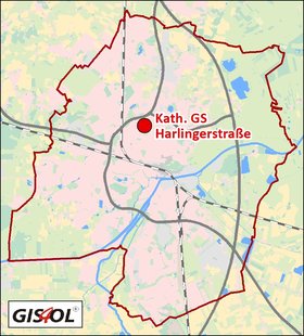 Lage der Katholischen Grundschule Harlingerstraße. Klick führt zur Karte. Quelle: GIS4OL