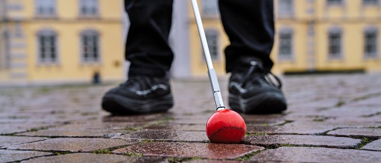 Beine und ein Blindenstock vor dem Oldenburger Schloss. Foto: Izabela Mittwollen